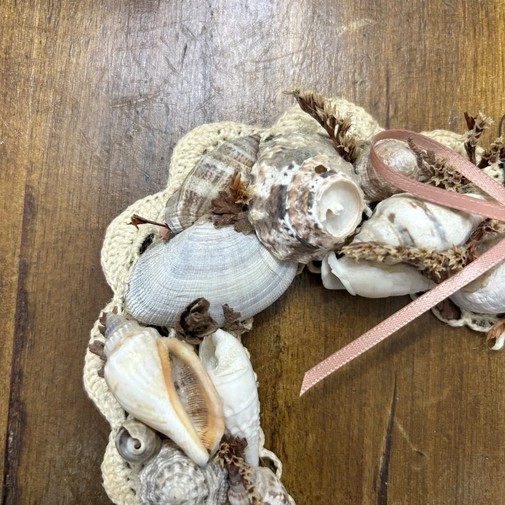 Vtg Handmade Sea Shell Doily Heart Shaped Wall Decor Granny Cottage Beach House
